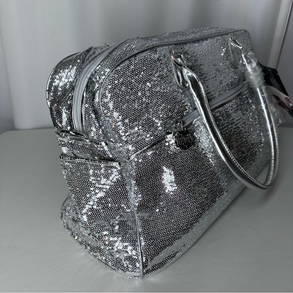 Joan Boyce Silver Sequin Weekender Travel Bag Glam Overnight NWT - Picture 3 of 16